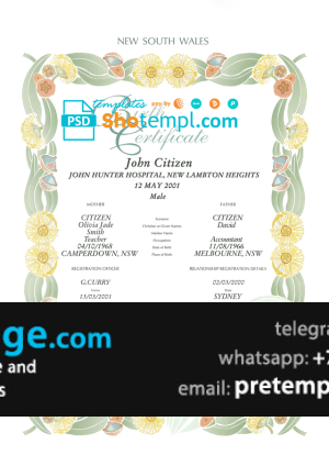 download Australia New South Wales decorative (commemorative) birth certificate template free fonts, fully editable