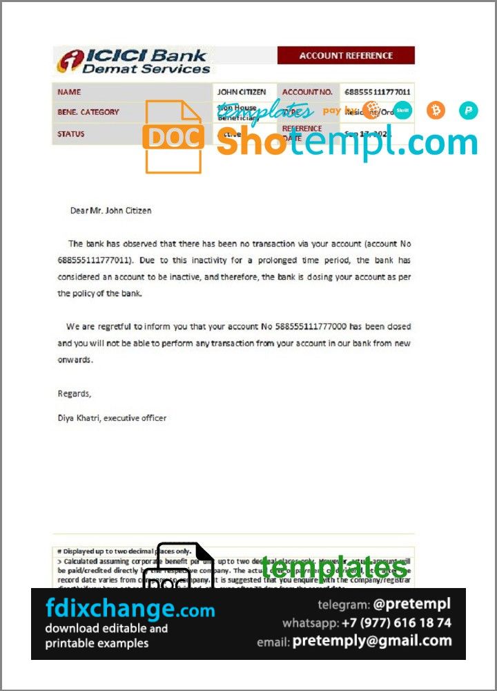download India ICICI bank account closure reference letter template ...