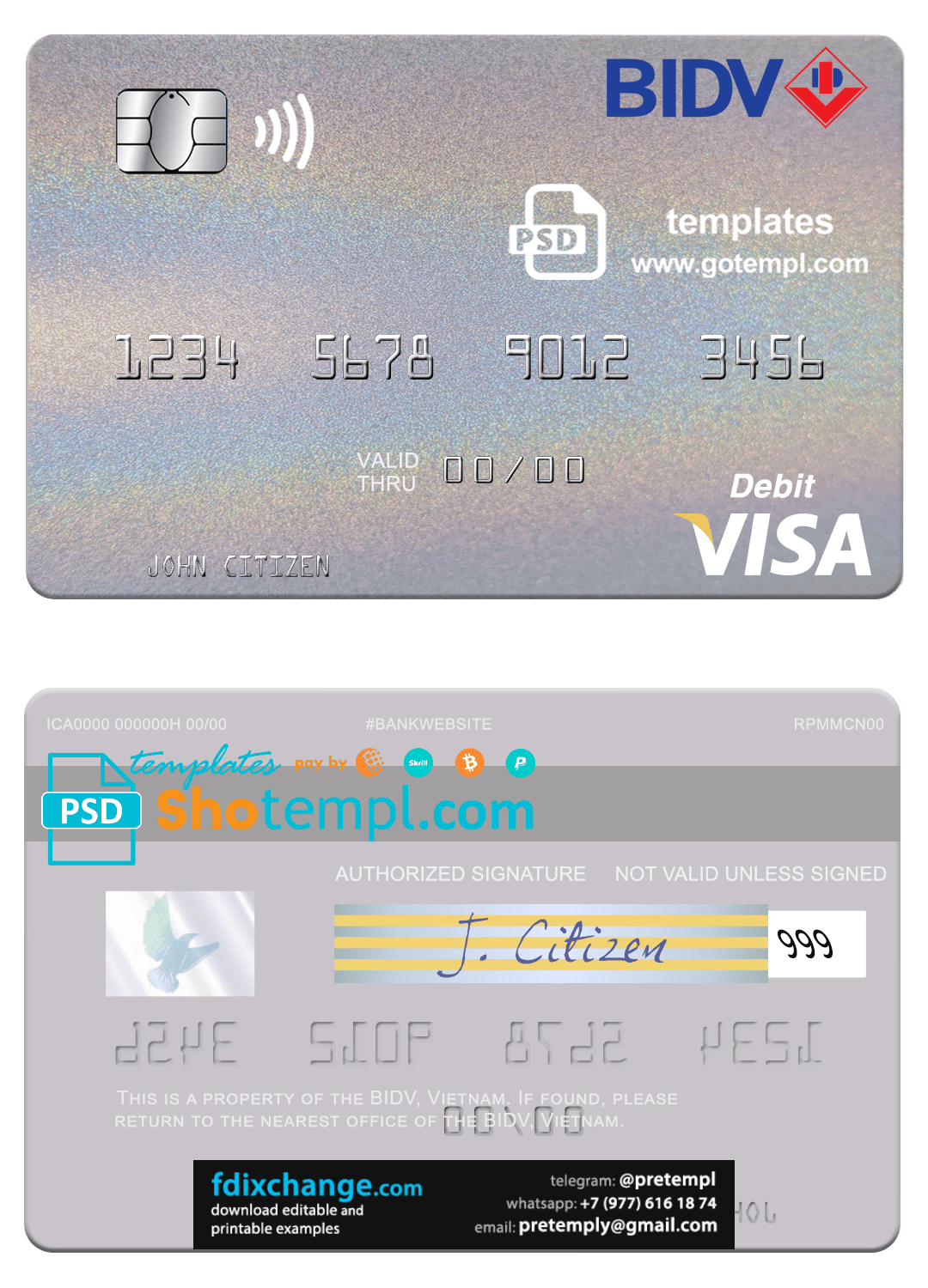 Download Vietnam BIDV Visa Debit Card Template Free Fonts
