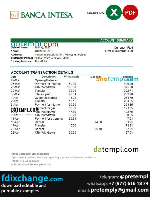 download Poland Banca Intesa bank statement template free fonts