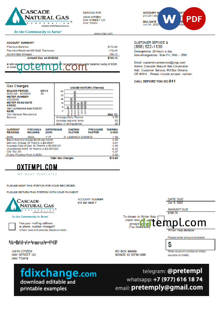 download USA Cascade Natural Gas utility bill, template free fonts