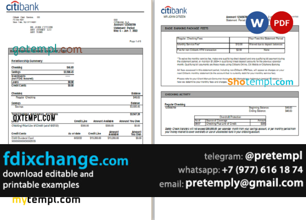 download USA Citibank bank statement, template free fonts, 6 pages