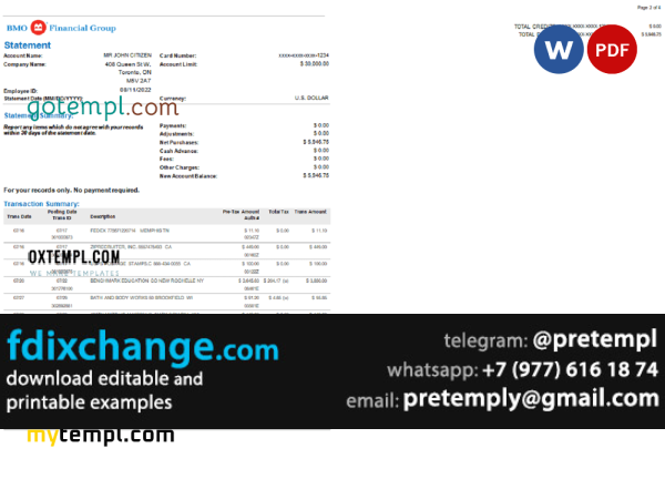 download USA BMO bank statement, template free fonts, 4 pages