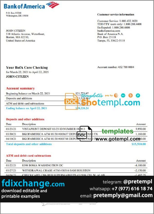 download USA Bank of America bank statement template free fonts, version 4