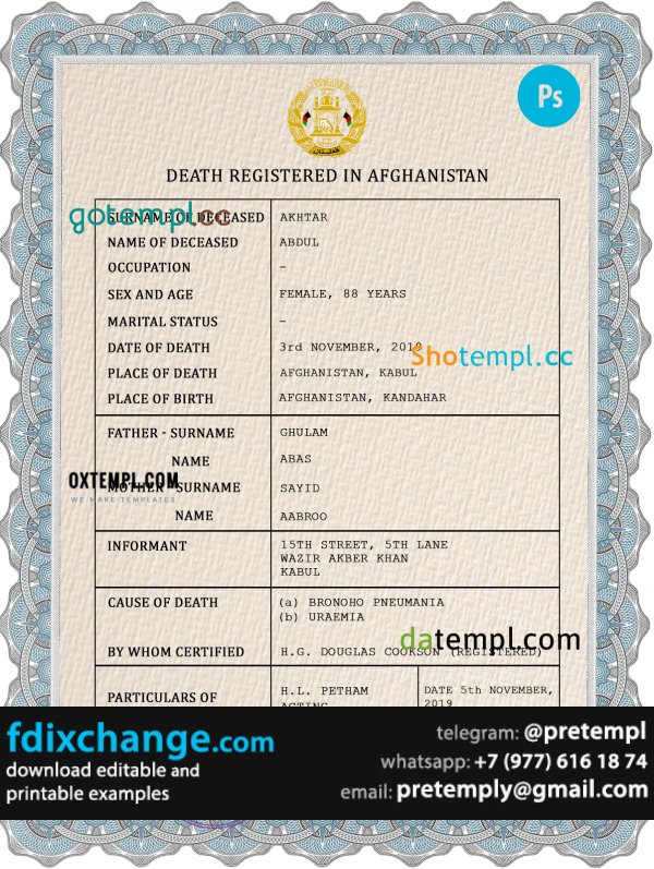 download Afghanistan vital record death certificate template free fonts