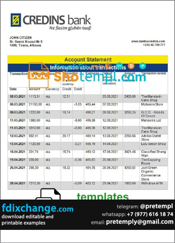 download Albania Credins Bank statement template free fonts