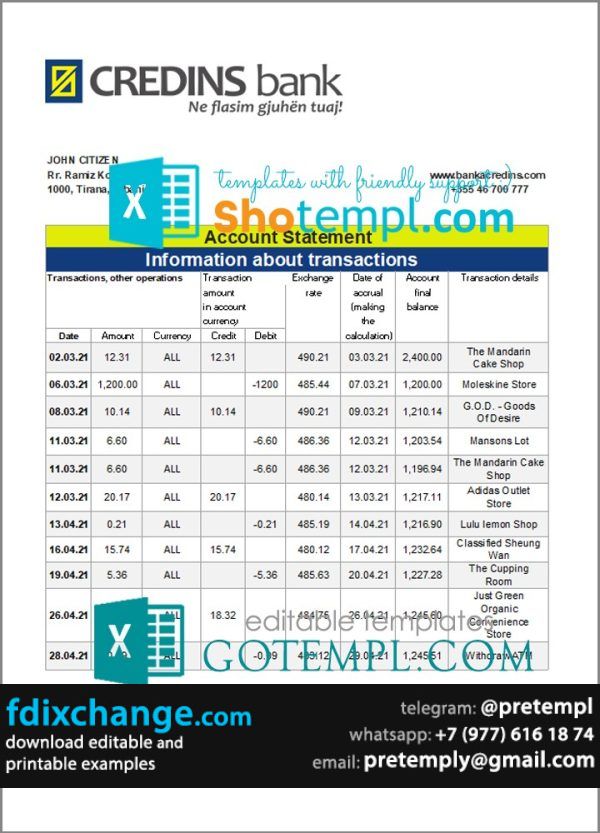 download Albania Credins bank statement template free fonts