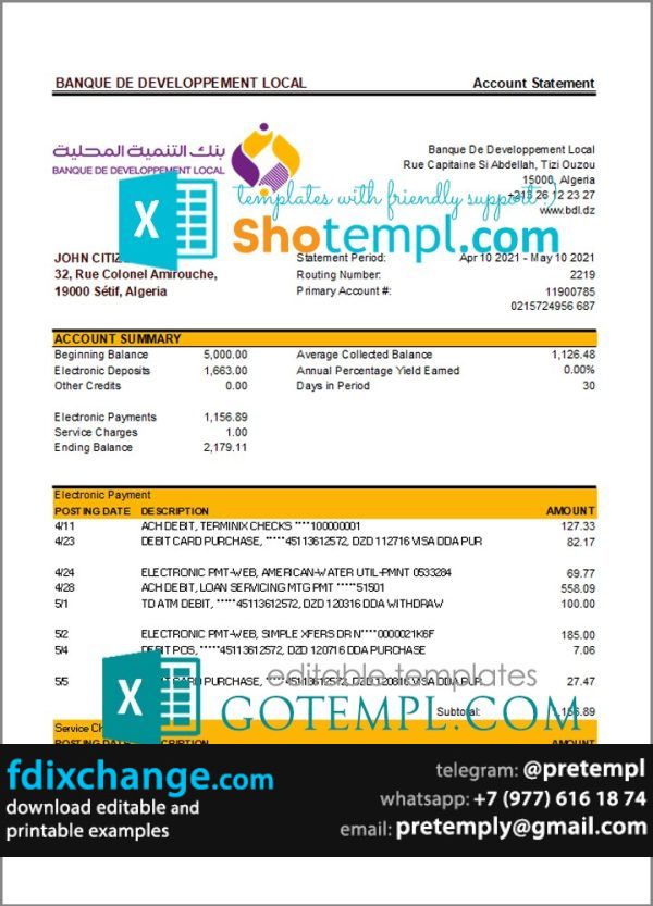 download Algeria Banque De Developpement Local bank statement template free fonts