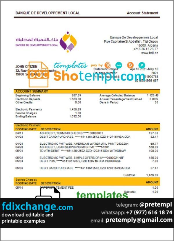 download Algeria Banque de Developpement Local (BDL) bank account statement template free fonts