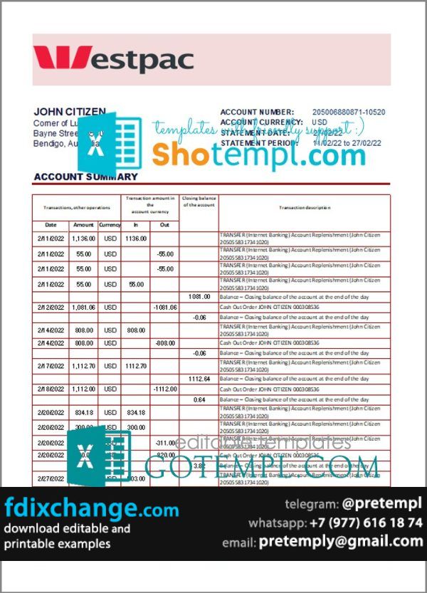 download Australia Westpac bank statement template free fonts