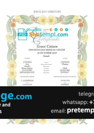 download Australia Jervis Bay Territory decorative birth certificate template free fonts, fully editable