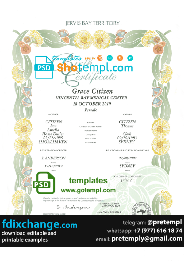 download Australia Jervis Bay Territory decorative birth certificate template free fonts, fully editable