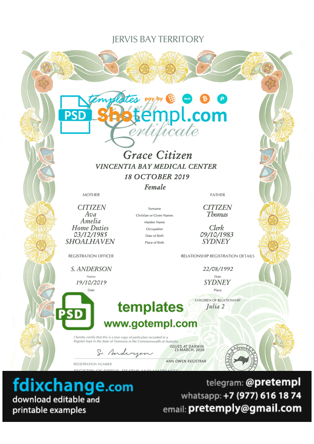 download Australia Jervis Bay Territory decorative birth certificate template free fonts, fully editable