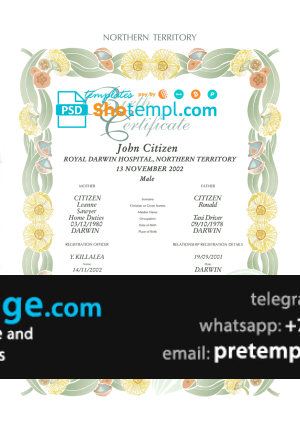 download Australia Northern Territory decorative (commemorative) birth certificate template free fonts, fully editable