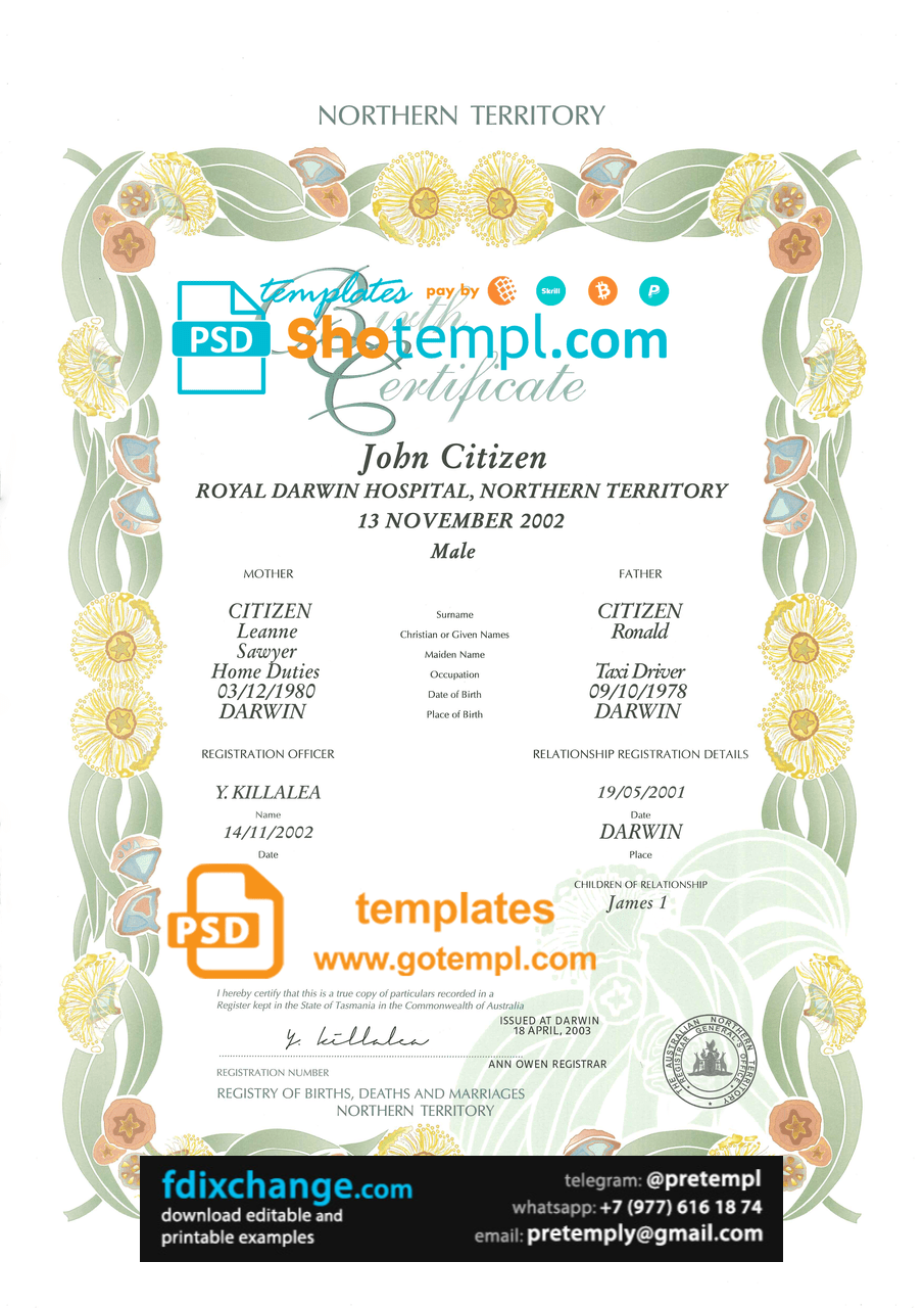 download Australia Northern Territory decorative (commemorative) birth certificate template free fonts, fully editable