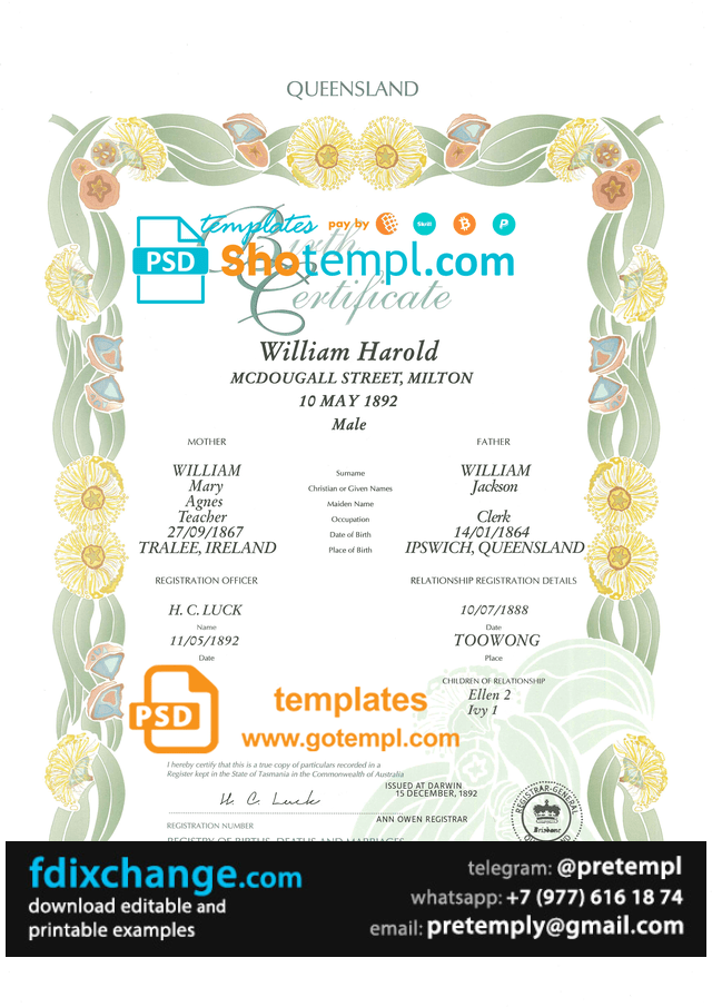 download Australia Queensland decorative (commemorative) birth certificate template free fonts, fully editable