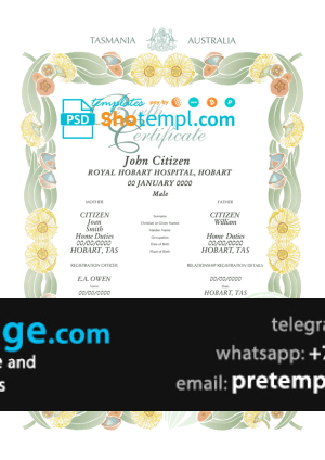 download Australia Tasmania decorative (commemorative) birth certificate template free fonts, fully editable