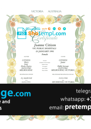 download Australia Victoria state decorative (commemorative) birth certificate template free fonts, fully editable