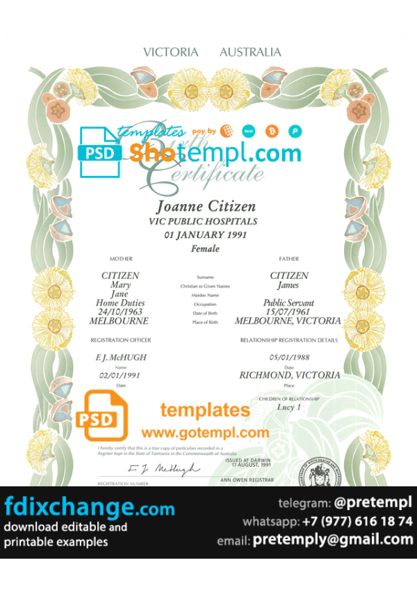 download Australia Victoria state decorative (commemorative) birth certificate template free fonts, fully editable