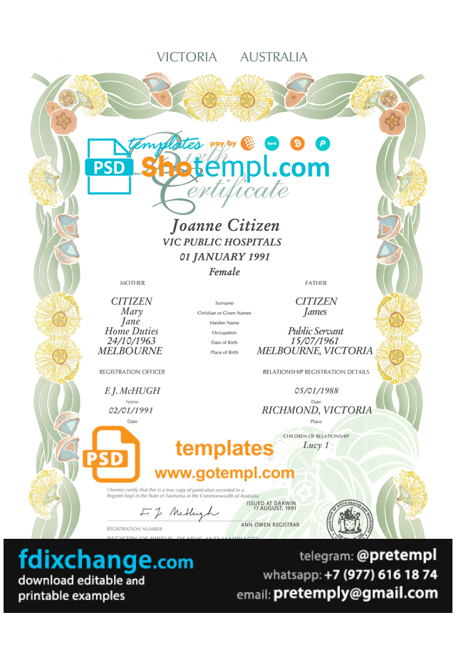 download Australia Victoria state decorative (commemorative) birth certificate template free fonts, fully editable