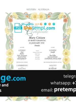 download Australia Western Australia decorative (commemorative) birth certificate template free fonts, fully editable