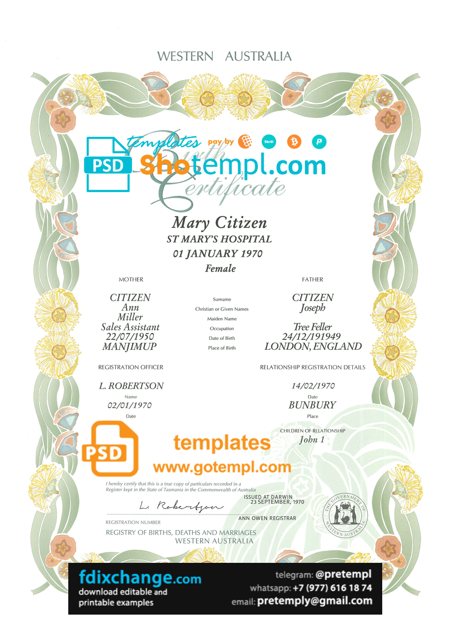download Australia Western Australia decorative (commemorative) birth certificate template free fonts, fully editable