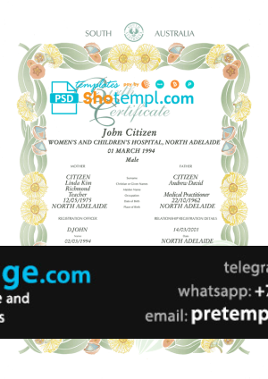 download Australian South Australia decorative (commemorative) birth certificate template free fonts, fully editable