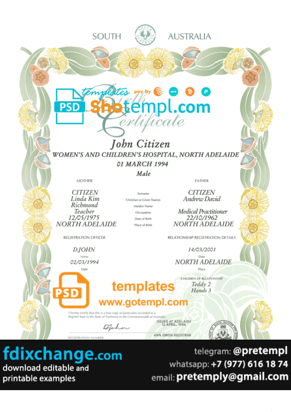 download Australian South Australia decorative (commemorative) birth certificate template free fonts, fully editable