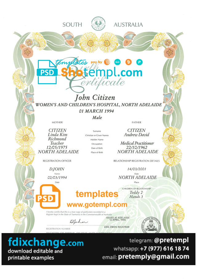download Australian South Australia decorative (commemorative) birth certificate template free fonts, fully editable