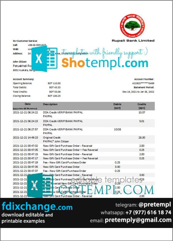 download Bangladesh Rupalii bank statement template free fonts