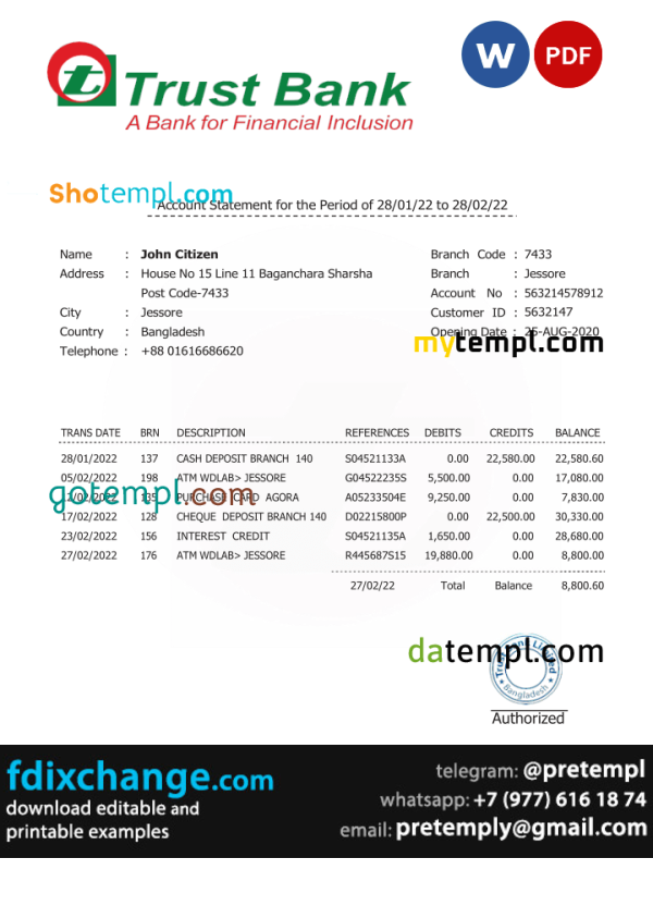 download Bangladesh Trust bank statement template free fonts