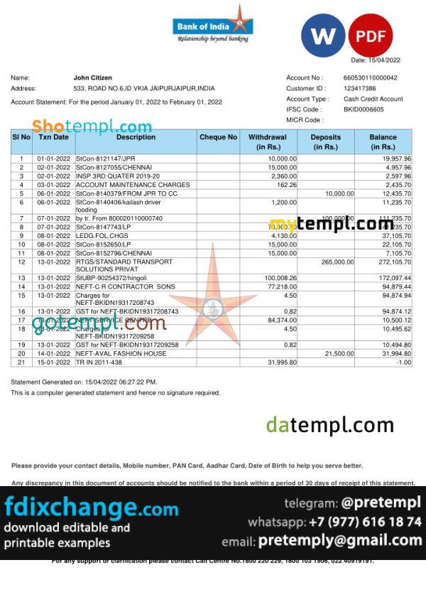 download India Bank of India bank statement template free fonts