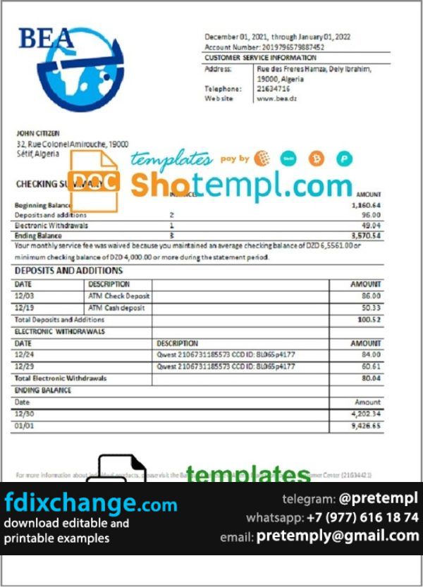 download Algeria Banque extérieure d'Algérie bank statement template free fonts