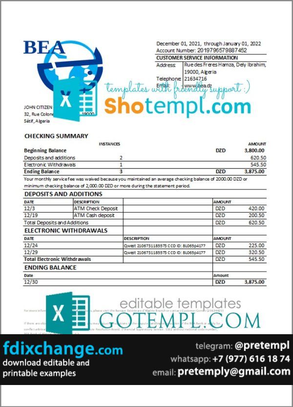 download Algeria Banque extérieure d'Algérie bank statement template free fonts