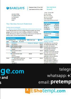 download United Kingdom Barclays bank account statement template free fonts, version 1