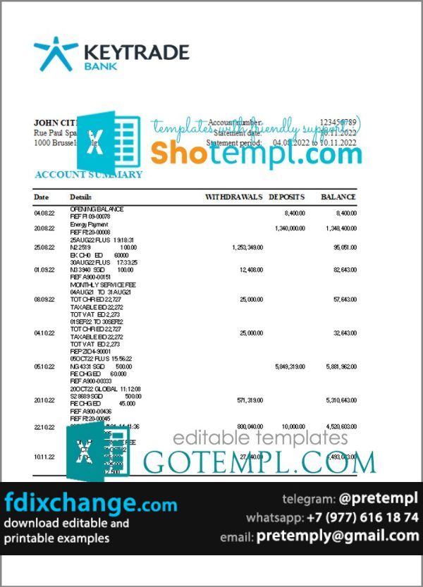 download Belgium Keytrade bank statement template free fonts