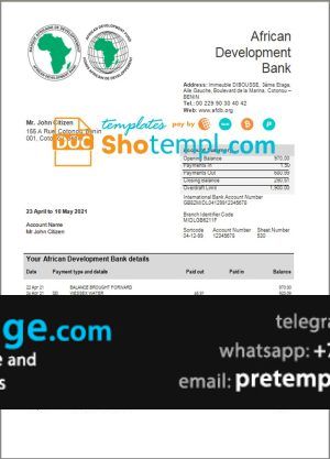 download Benin African Development bank statement template free fonts