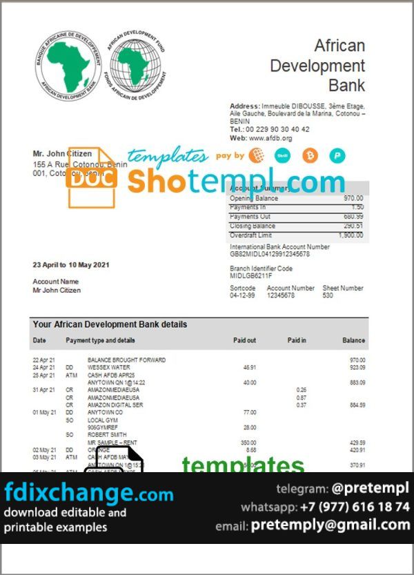 download Benin African Development bank statement template free fonts