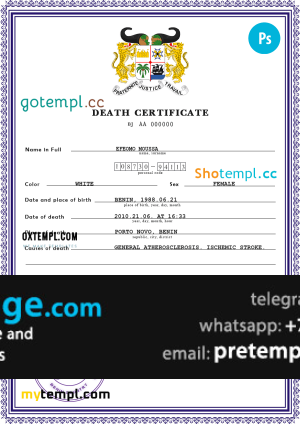 download Benin vital record death certificate template free fonts