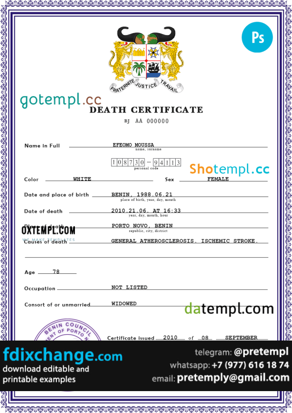 download Benin vital record death certificate template free fonts