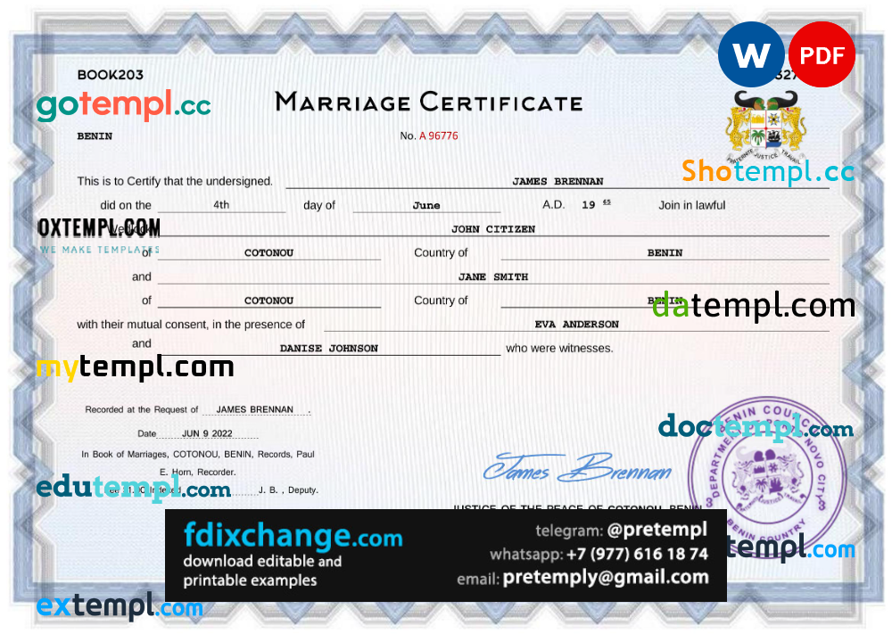 download Benin marriage certificate template free fonts, completely editable