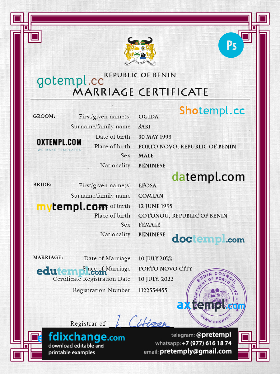 download Benin marriage certificate template free fonts, completely editable