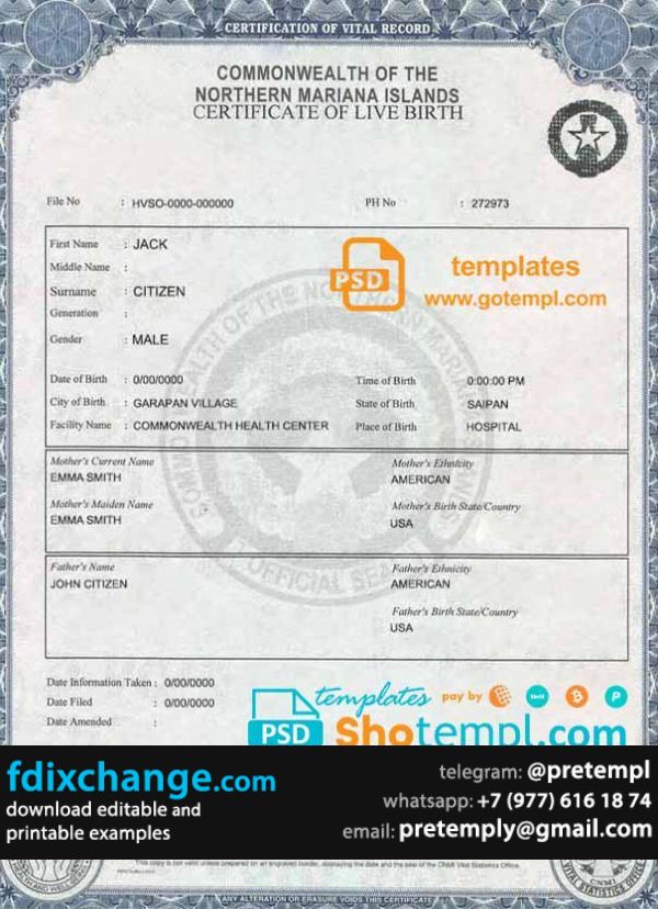 download USA Northern Mariana Islands birth certificate template free fonts, fully editable