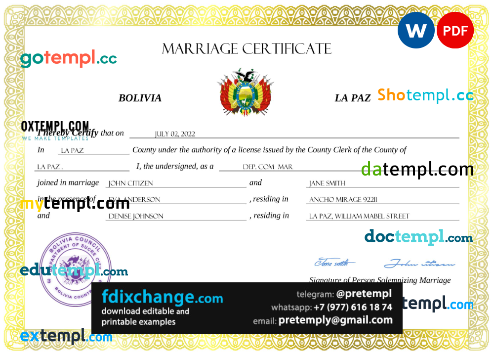 download Bolivia marriage certificate template free fonts, completely editable