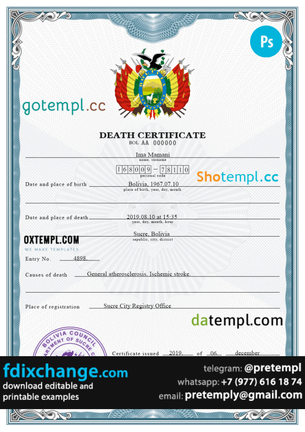 download Bolivia death certificate template free fonts, completely editable
