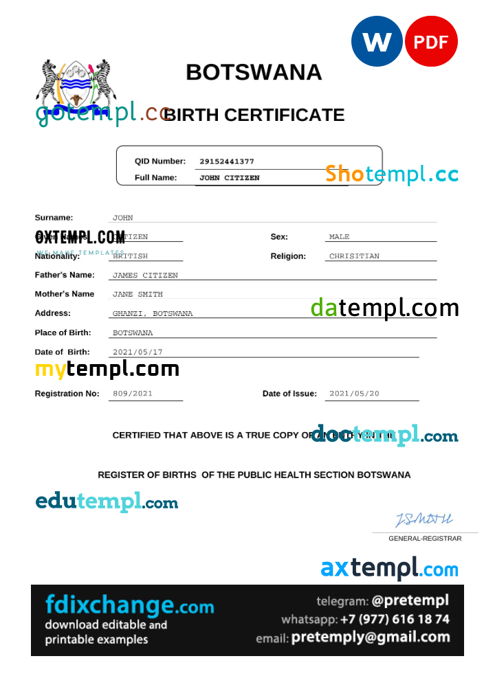 download Botswana birth certificate template free fonts, completely editable