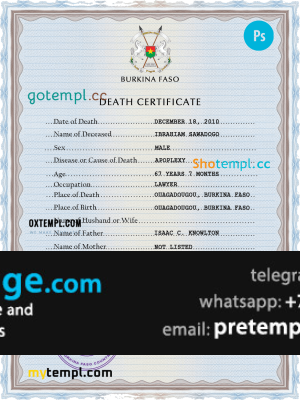 download Burkina Faso vital record death certificate template free fonts, completely editable
