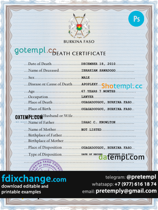 download Burkina Faso vital record death certificate template free fonts, completely editable