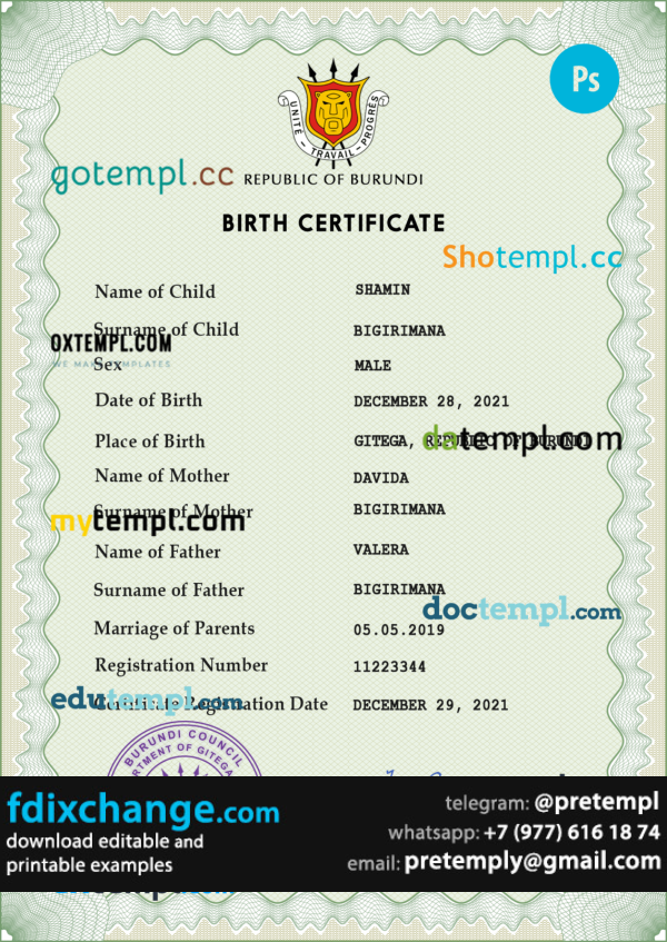 download Burundi vital record birth certificate template free fonts