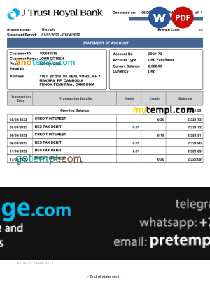 download Cambodia J Trust Royal bank statement template free fonts